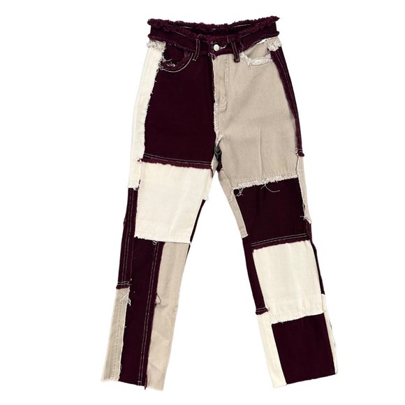 Empty Soda Patchwork Jeans Womens Maroon White Tan Denim Size S - Picture 1 of 11